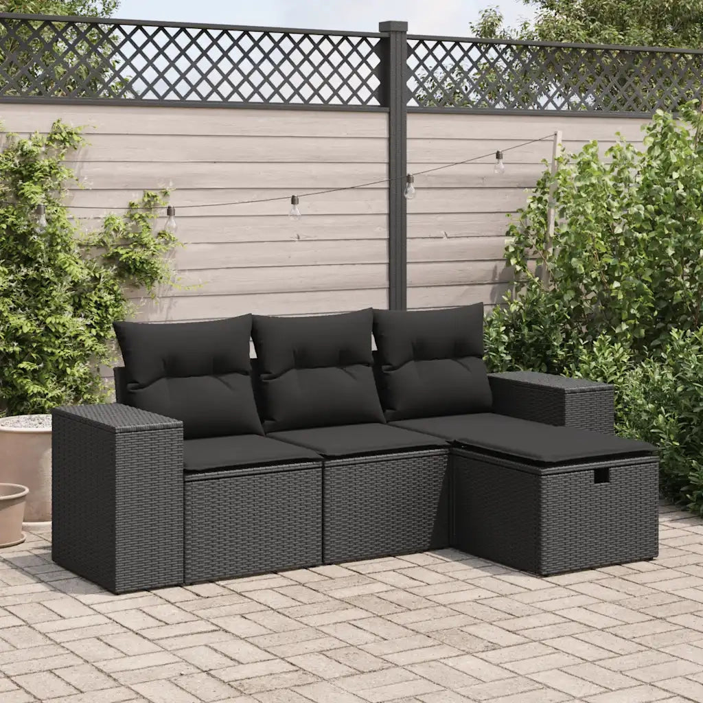 Set Divani da Giardino 4 pz | Set Salotto da Giardino con Cuscini Nero in Polyrattan