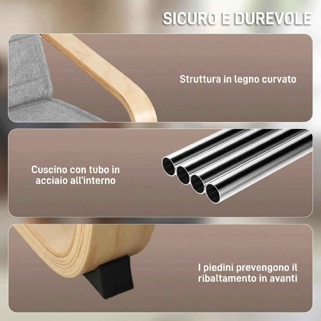 Poltrona da Soggiorno 66,5x94x100 cm con Poggiapiedi Regolabile in Legno di Betulla e Tessuto Effetto Lino Grigio Chiaro