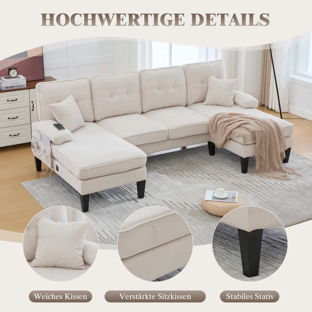 Divano a U a 4 posti con due chaise longue; tessuto in lino beige; 250x130x88 cm