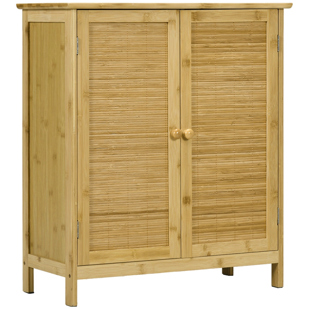 Credenza Stile Boho in Rattan e Bamb¨´ con 2 Ante e Mensola Interna, 60x27x67.5cm, Colore Legno