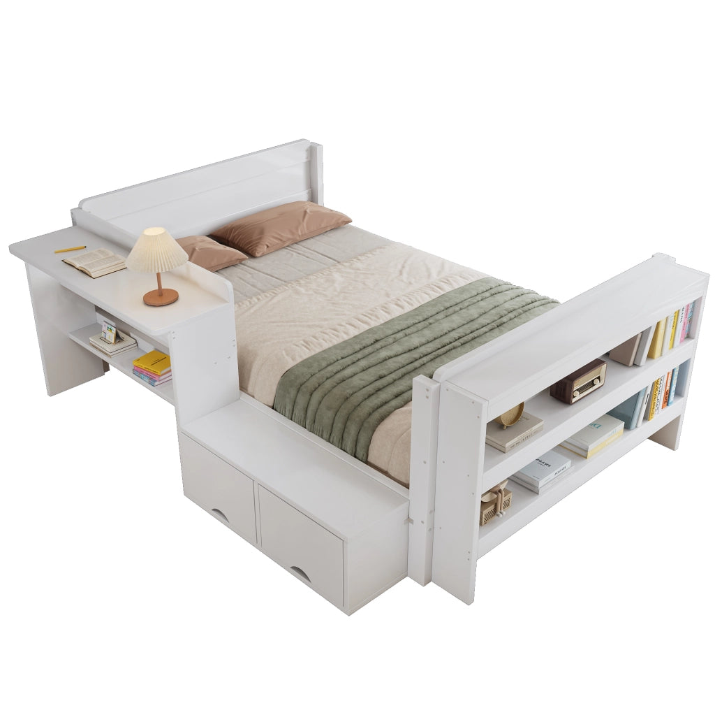 Letto funzionale 120x200 cm con scrivania; vano con anta a ribalta e ripiano; bianco