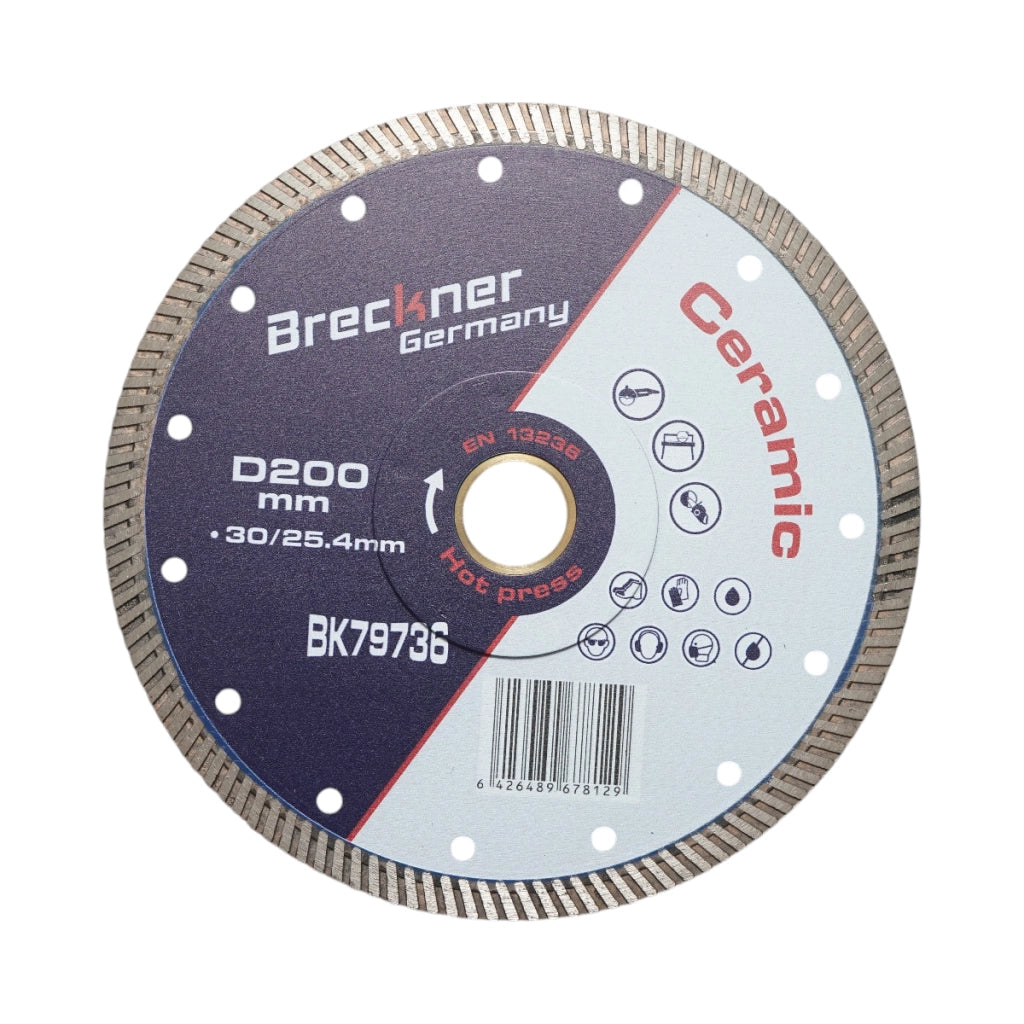 Disco diamantato turbo 200x30/25,4 mm, segmento 10 mm per piastrelle, maiolica, ceramica dura, marmo, granito Breckner Germany