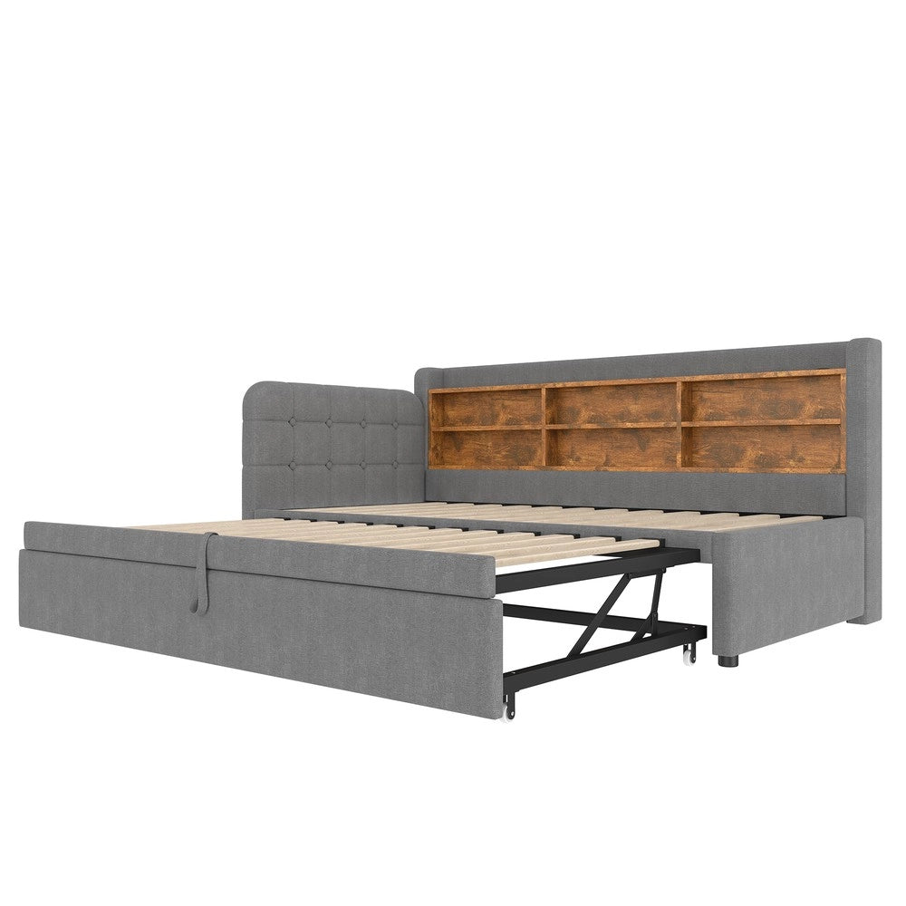 Letto Singolo Estraibile con Rete a Doghe e USB ¨C MINIMAL ¨C Tessuto Grigio 90x200 cm