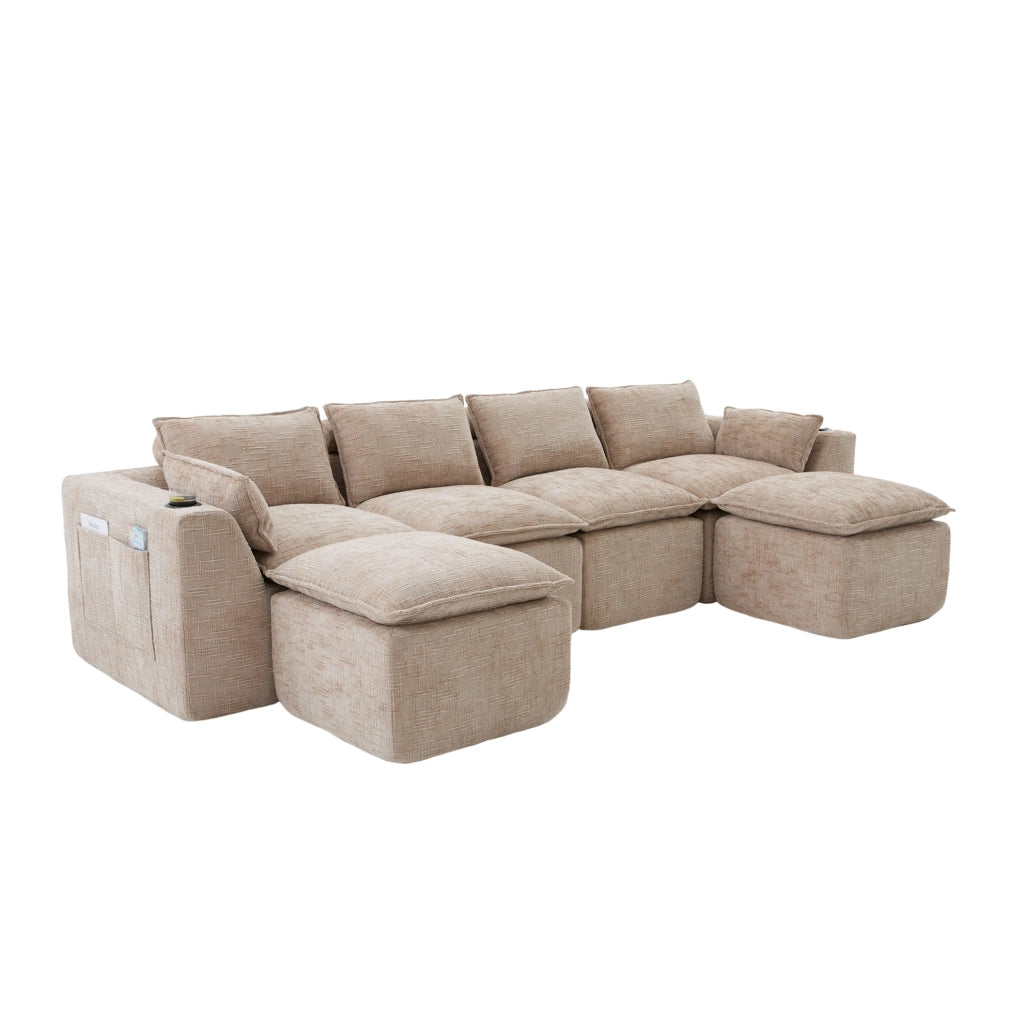 Divano modulare 4 posti 322x161x75 cm in tessuto beige, con 2 pouf e tasche laterali –