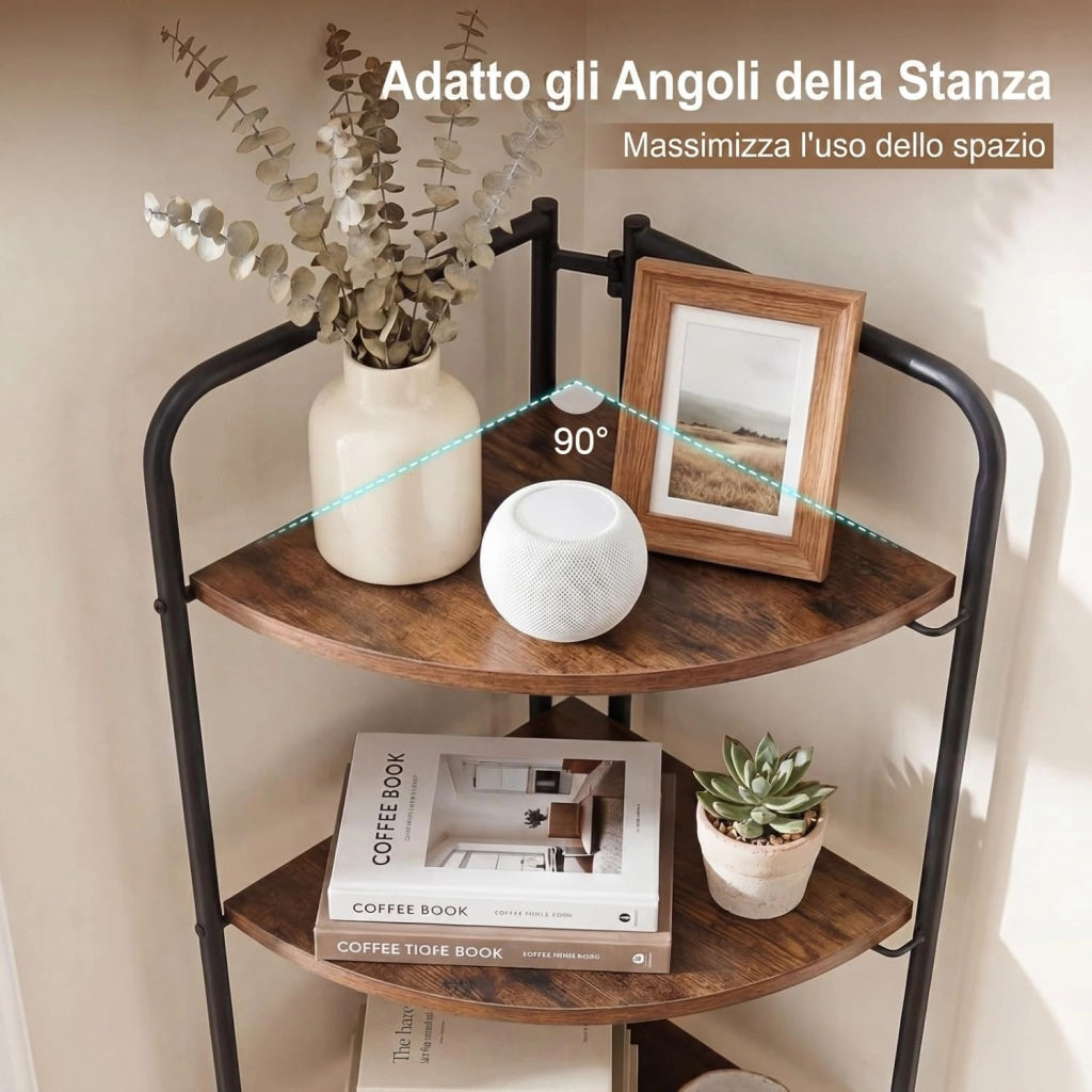 Libreria Angolare Pieghevole, Scaffale Stretto in Legno a 5 Ripiani, Organizer per Libri con Struttura Metallica, Design Industriale e Salvaspazio, per Casa Ufficio Studio, 34x34x151 cm