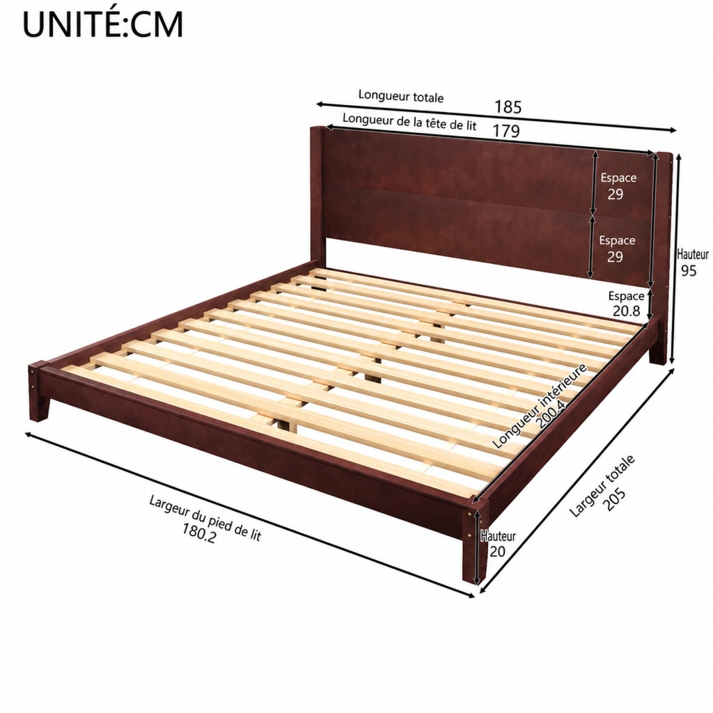 Letto matrimoniale 180 × 200 cm con testiera e supporto a doghe, senza materasso, in MDF e legno, marrone