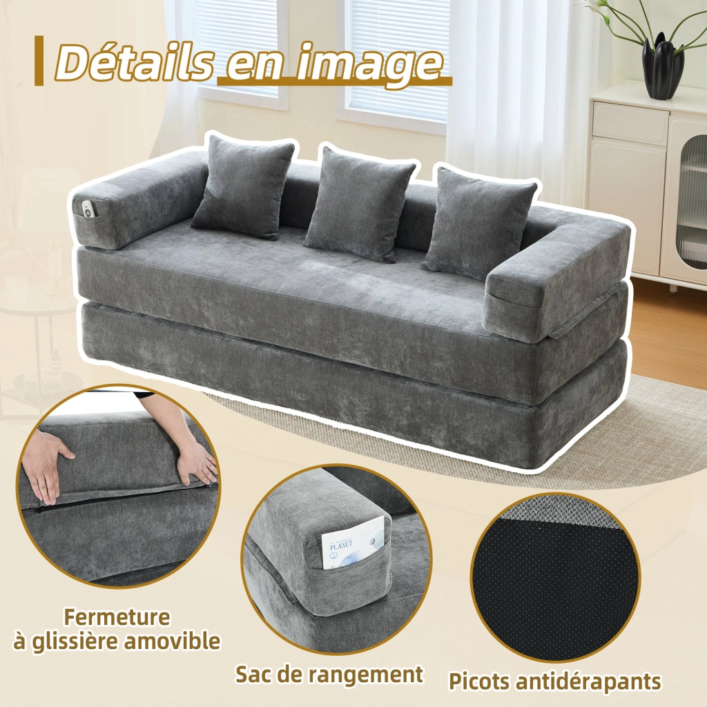 Divano modulare in ciniglia con tasche laterali e base antiscivolo per soggiorno, Grigio scuro