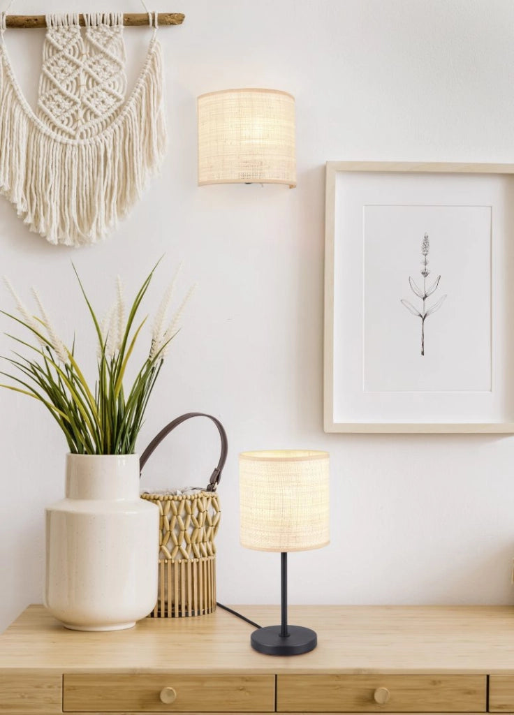 Lampada da tavolo, fibre naturali e metallo nero, H 37 cm, Aimee