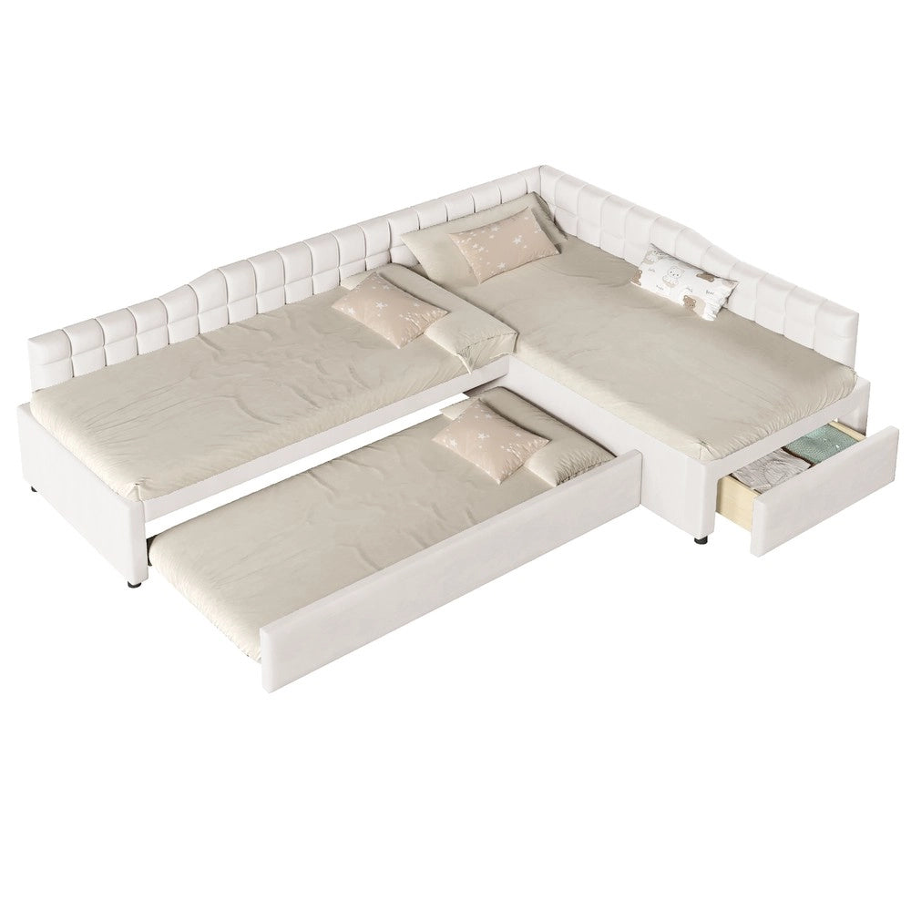 Letto imbottito a L con letto estraibile cassetti velluto beige ¨C Minimal ¨C 90x200 cm