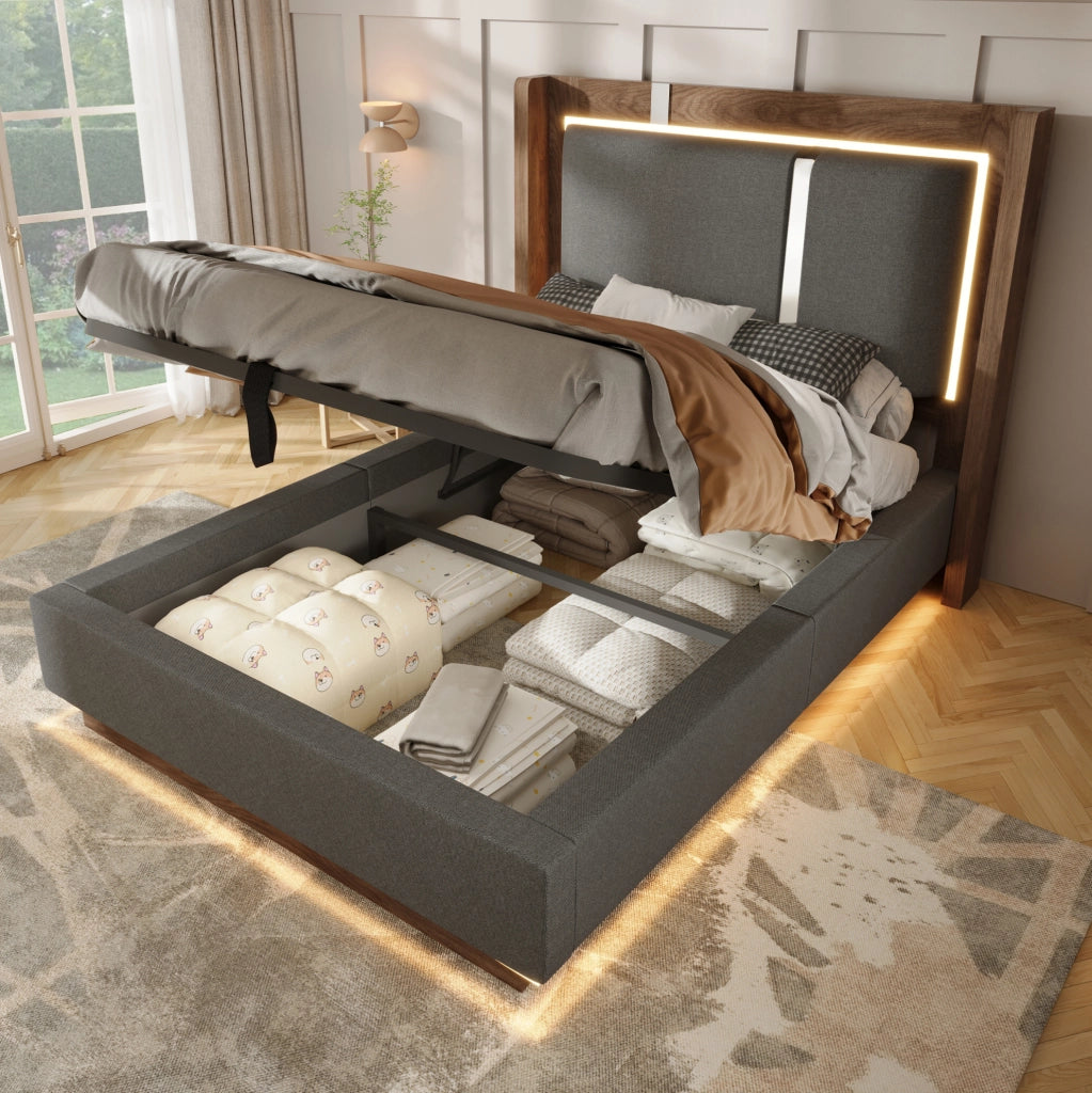Letto imbottito 90x200 cm con LED; contenitore sollevabile e rete; grigio e noce