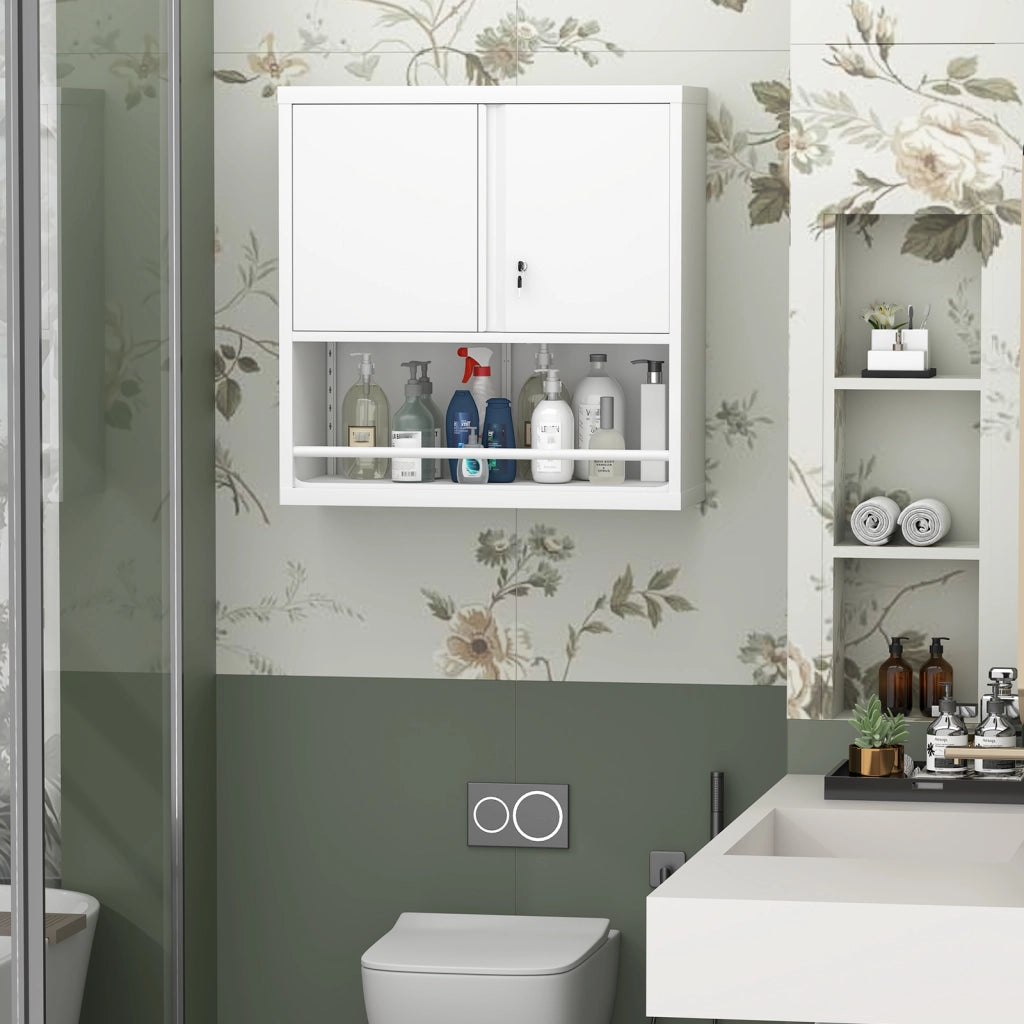 Armadietto da parete in metallo con ripiano regolabile, per garage e soggiorno, bianco, 88 × 45 × 14 cm