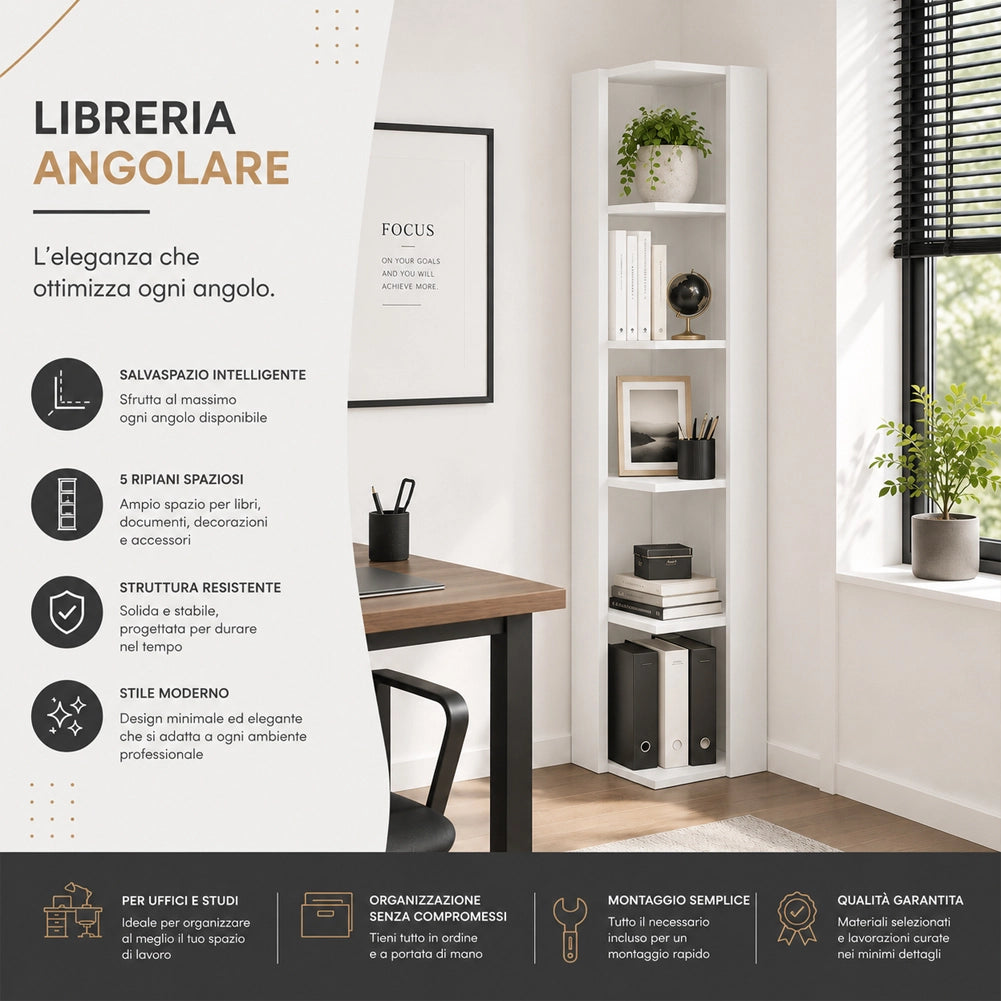 Libreria Angolare 34x34x161 cm Scaffale Salvaspazio 5 Ripiani in Legno Bianco