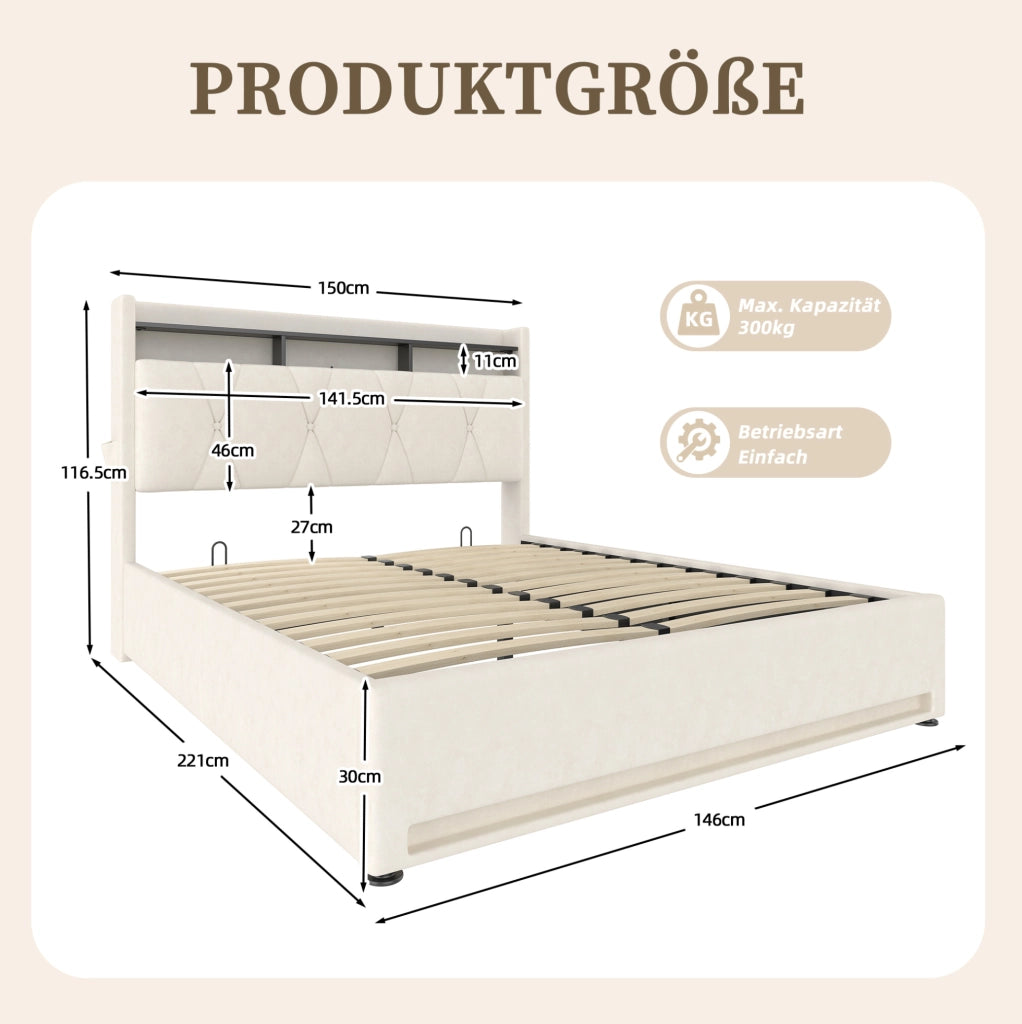 Letto contenitore 140x200 cm in velluto beige con LED e USB-C