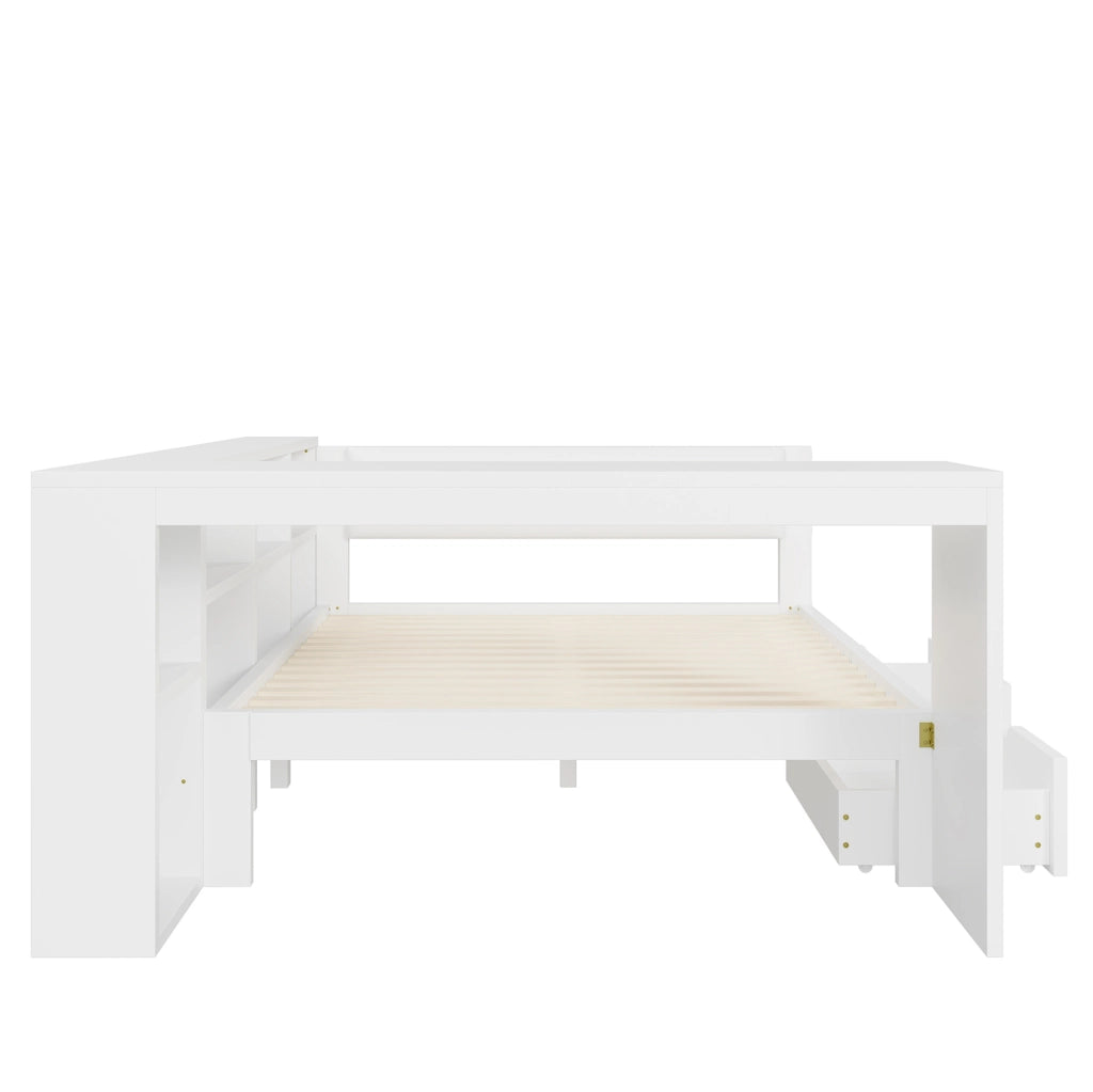 Letto piattaforma 140x200 cm con testiera imbottita; ripiani; cassetti; LED e stazione di ricarica; bianco