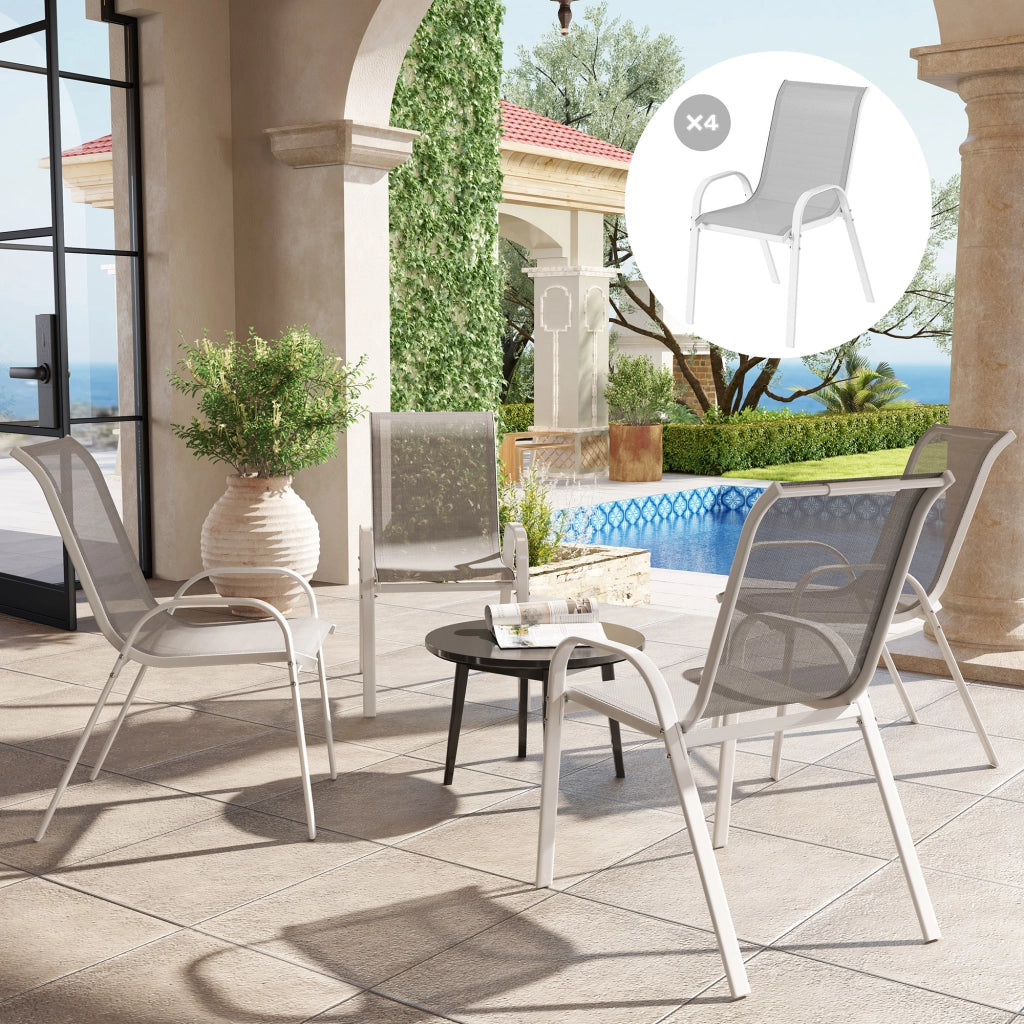 Set 4 Sedie da Giardino 54x71x93 cm Impilabili con Braccioli Curvi in Acciaio e Tessuto Traspirante Grigio Bianco