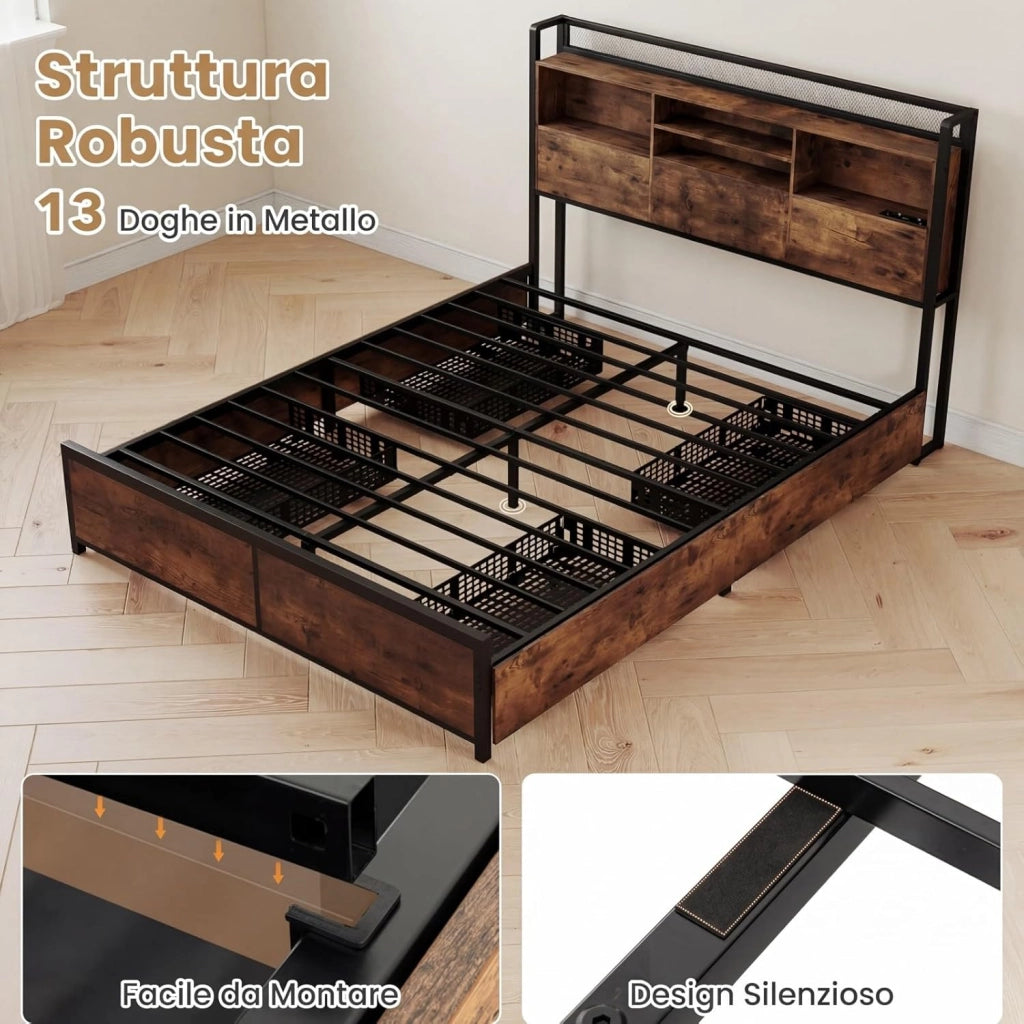 Struttura Letto con Testiera, Letto con 4 Cassetti e Doghe Robuste in Metallo, Letto a Piattaforma con Prese, Silenzioso, Carico Massimo 300kg (160 x 200 cm)