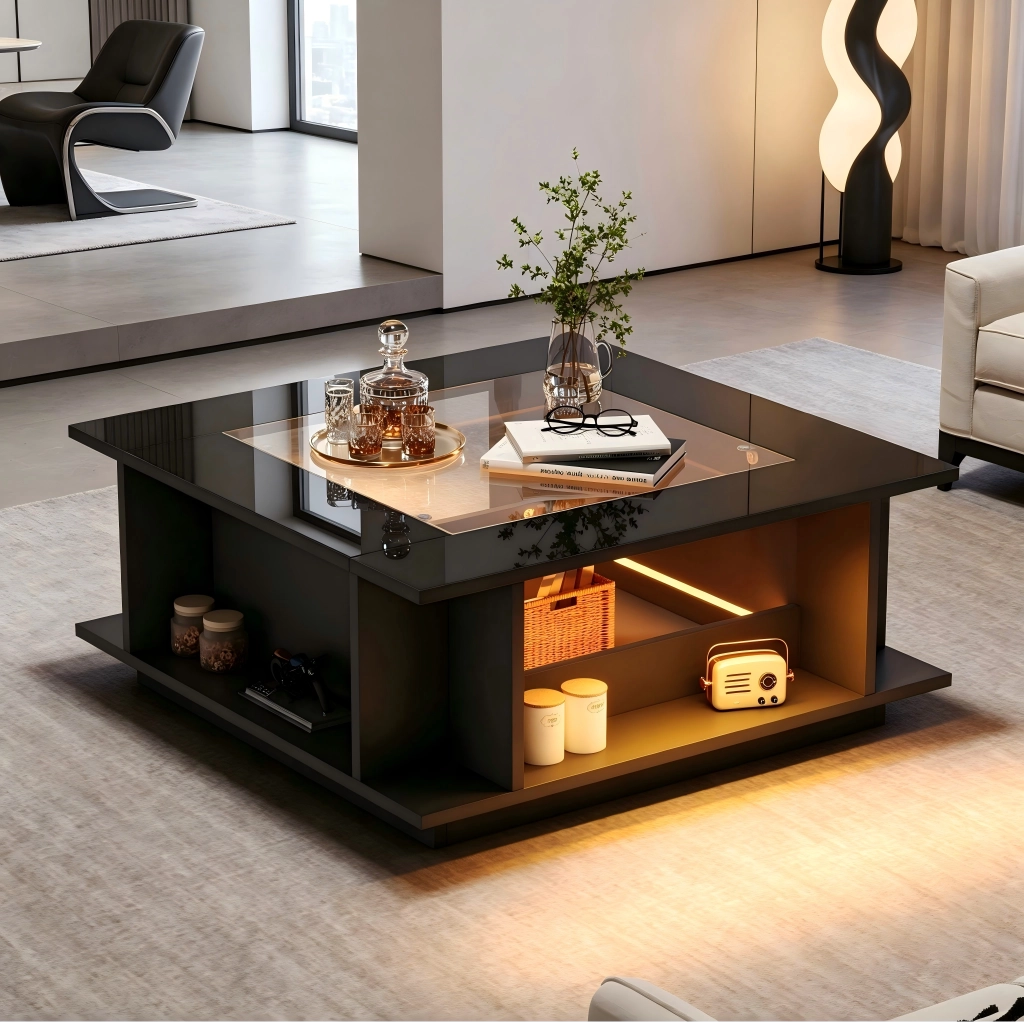 Tavolino da salotto quadrato con vani aperti e spazio laterale; piano in vetro; LED; nero 70 × 70 × 30 cm