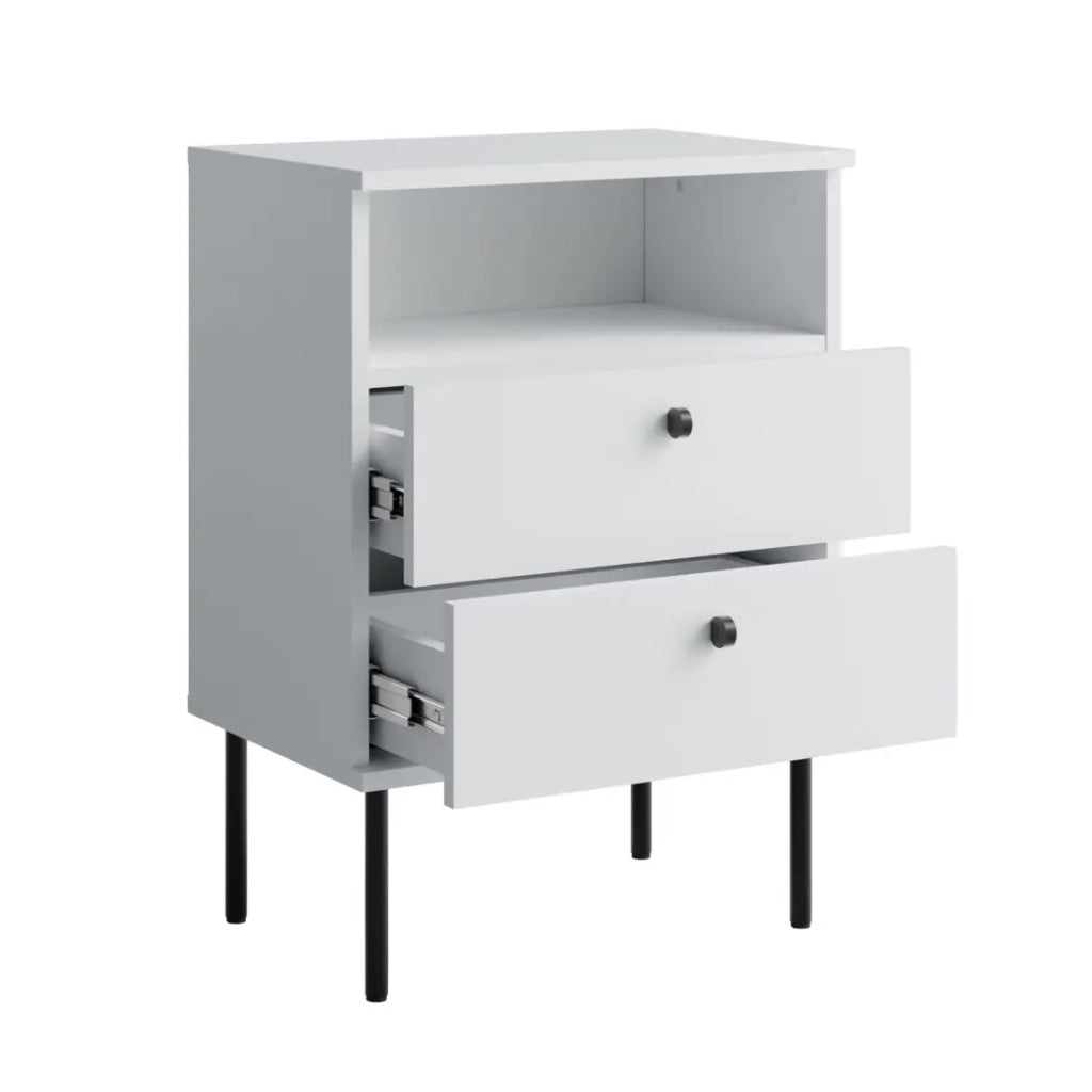 Tavolino da Notte 2 Cassetti con Nicchia – Colore bianco – Piedi dritti neri – Collezione Aurora