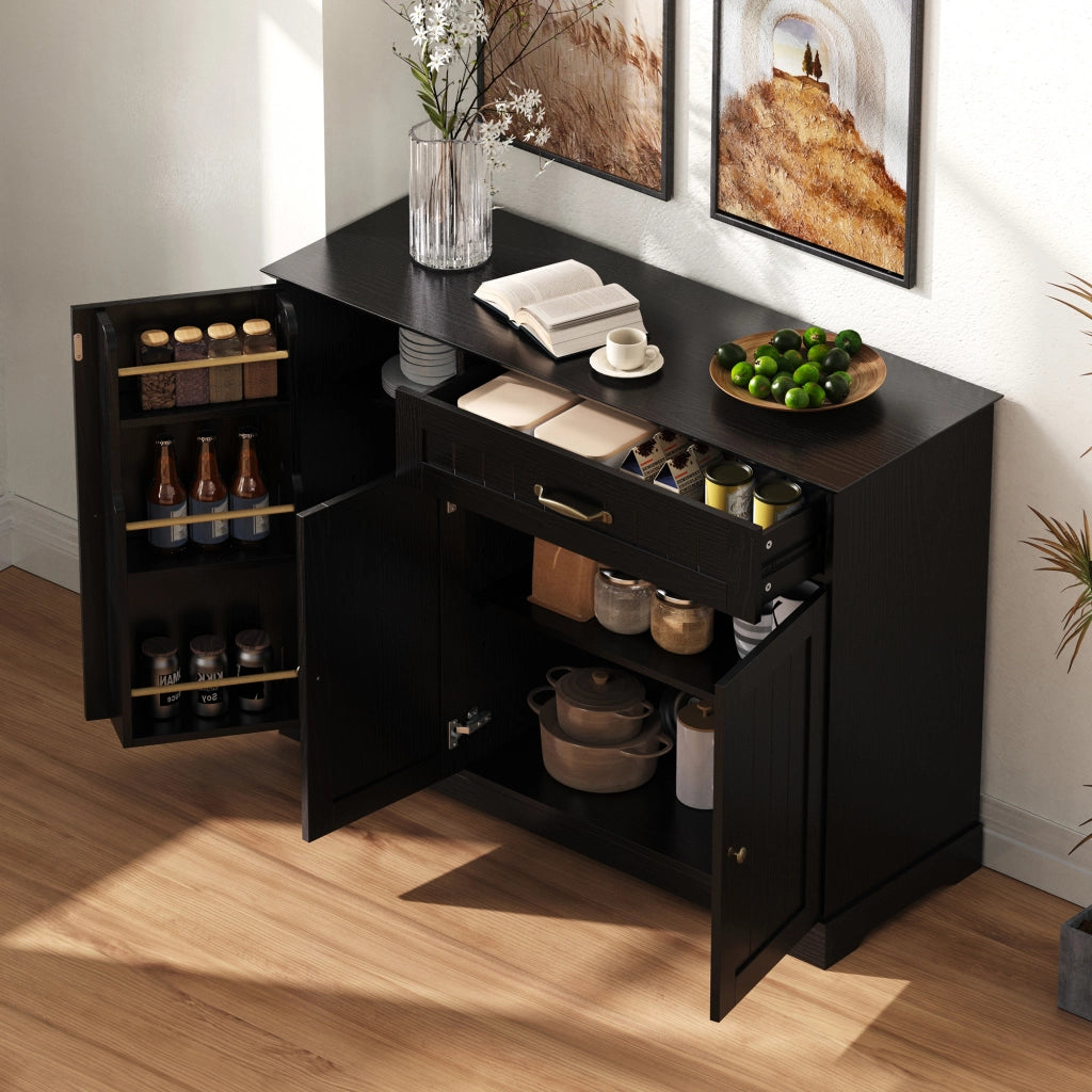 Credenza con 3 ante e 1 cassetto; ripiani regolabili; per ingresso e soggiorno; in MDF; nero