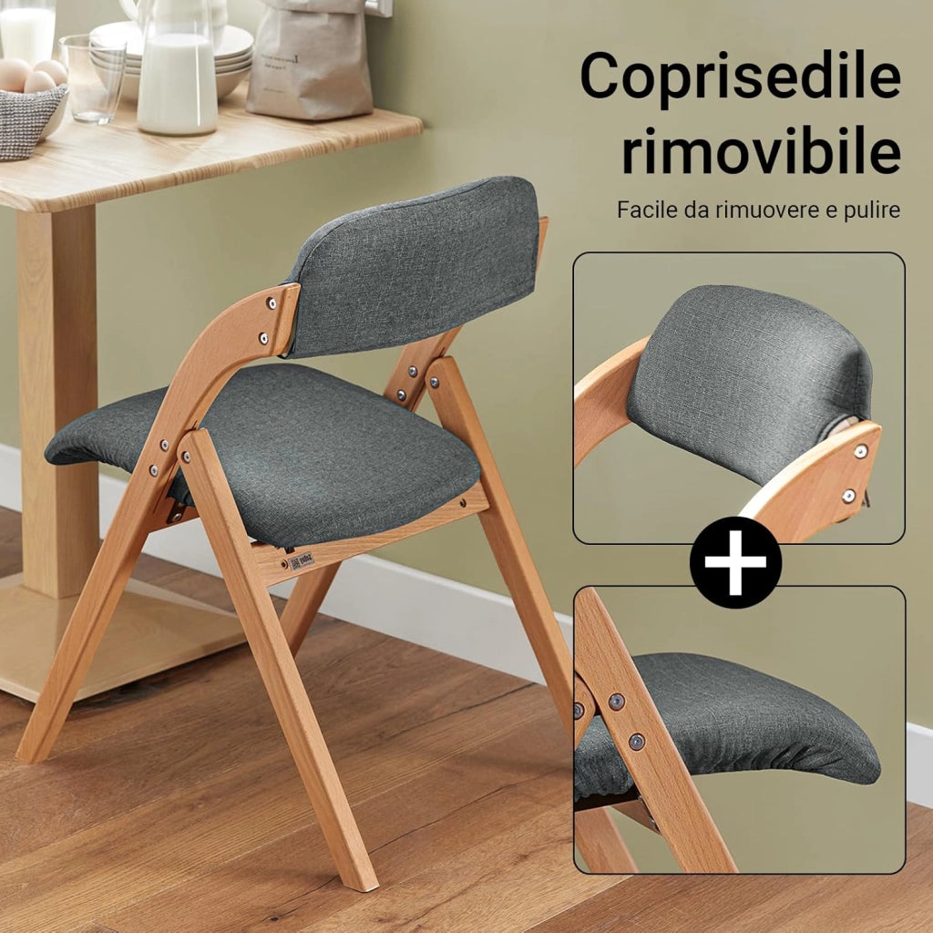 Sedia Pieghevole in Legno Set da 2 Poltrona Imbottita da Cucina, Sedie da Interno per Ufficio, Balcone, Giardino – Sedie Pieghevoli Salvaspazio Richiudibili in Faggio, Grigio Scuro FST92-SGx2
