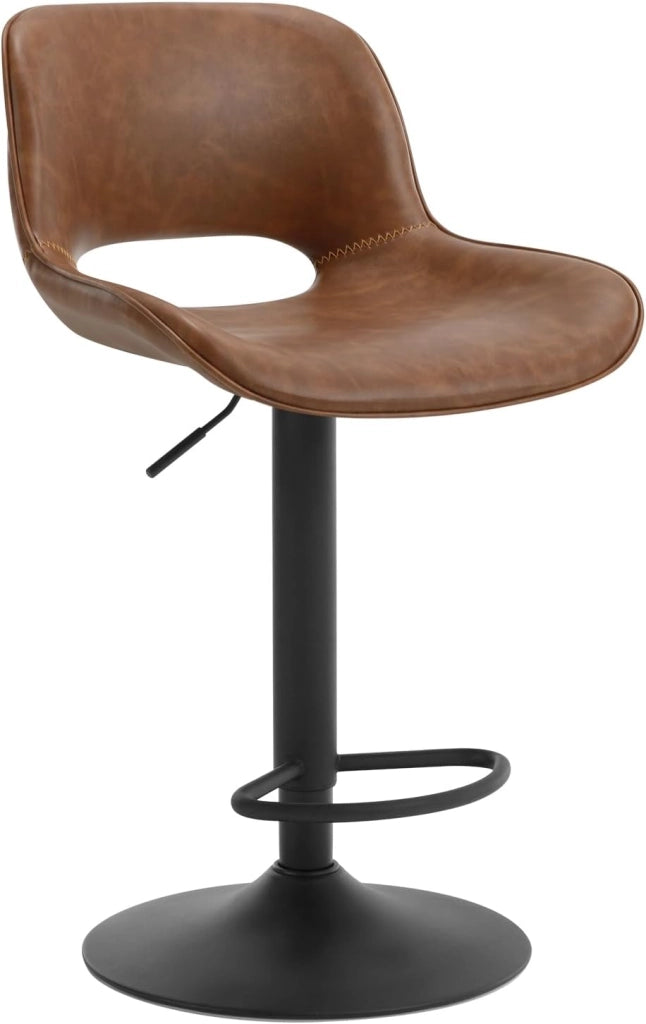 Sgabello da Cucina, Sedia da Bar in PU, Sgabello Altezza Regolabile, con Schienale, Seduta Imbottita Girevole a 360°, per Bistrot, Cucina, Pub, Base in Metallo, Marrone