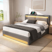 Letto imbottito 140 x 200 cm con USB, illuminazione LED e 4 cassetti, senza materasso, grigio