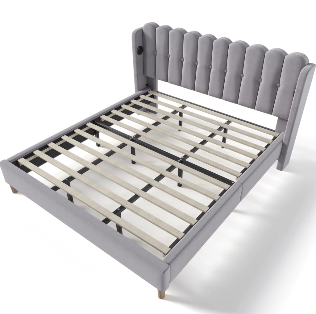 Letto imbottito 180x200 cm con ricarica USB e Type-C; lino grigio (Senza materasso)
