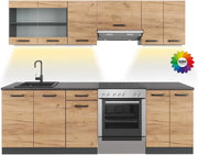 Mobile da cucina Raul, Quercia dorata/antracite, 240 cm, PL Fantasia nera con striscia LED, combinabile in modo flessibile con elementi modulari