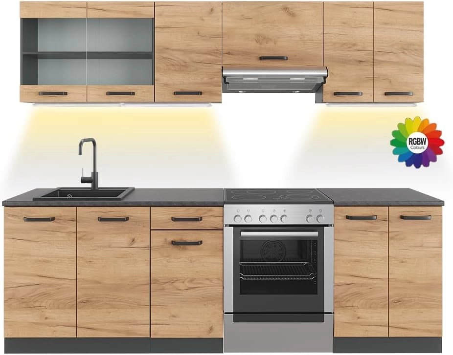 Mobile da cucina Raul, Quercia dorata/antracite, 240 cm, PL Fantasia nera con striscia LED, combinabile in modo flessibile con elementi modulari