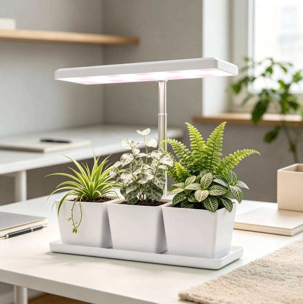 Lampada LED per crescita piante 10W a spettro completo con 3 vasi da coltivazione, struttura regolabile bianca