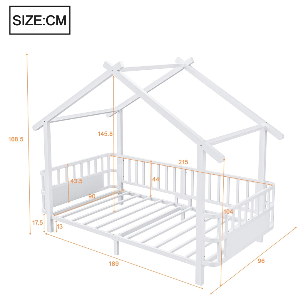 Letto per bambini 90 × 200 cm con barriera di sicurezza, struttura a casetta, sans materasso, en metallo, bianco