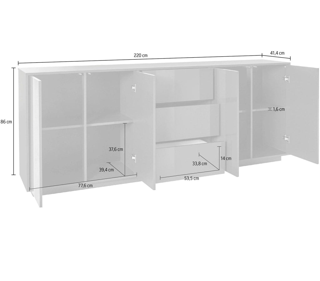 Credenza 4 Ante + 3 Cassetti 220,1x41,4x86 cm Bloom Bianco Lucido