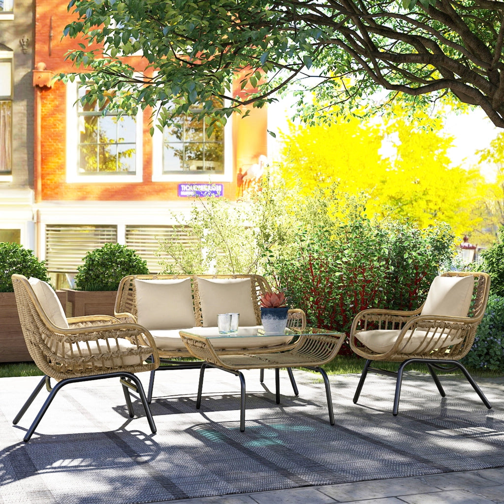 Set da Giardino 4 Pezzi in Polyrattan e Metallo con Divanetto, 2 Sedie e Tavolino ¨C zephmum ¨C Beige