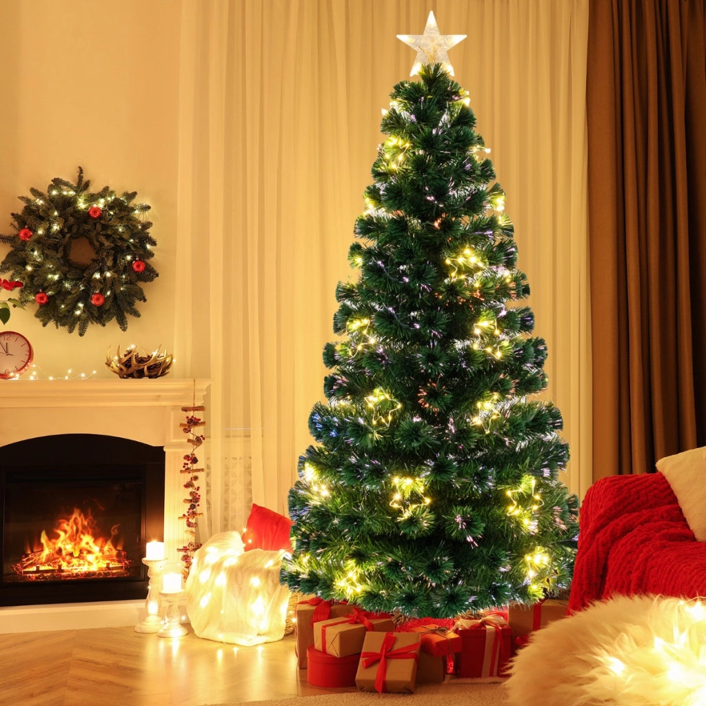 Albero di natale in fibra ottica da 180cm pre-illuminato con luci a stringa stella sulla cima, Albero natale artificiale-Alberi di Natale