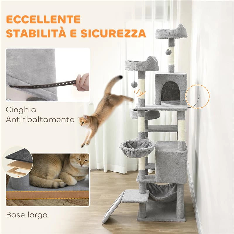 ALBERO TIRAGRAFFI PER GATTI CON SCALA, 2 AMACHE, 3 POSATOI, 2 CASETTE E 3 PIATTAFORME, 48X48X192 CM, GRIGIO E CREMA