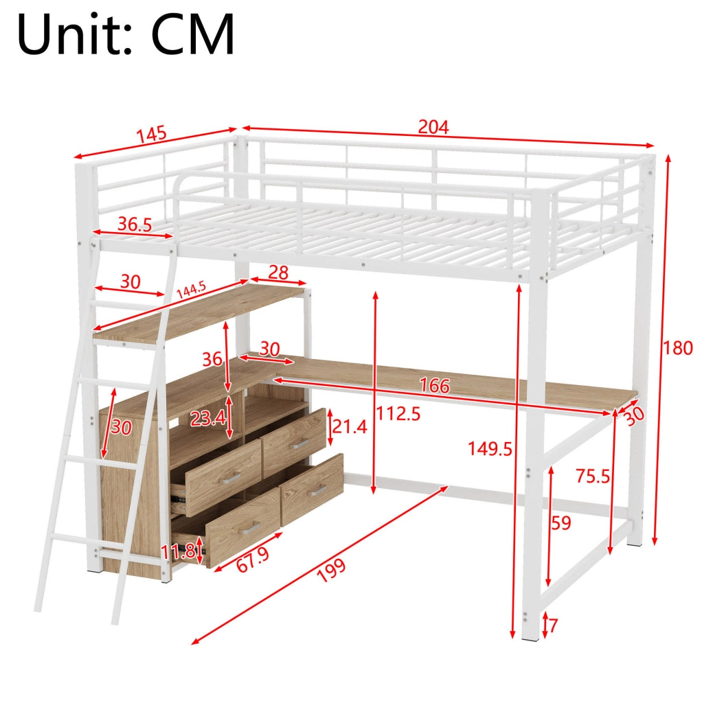 Letto a soppalco 140x200 cm con scrivania a L e cassetti in MDF e metallo bianco