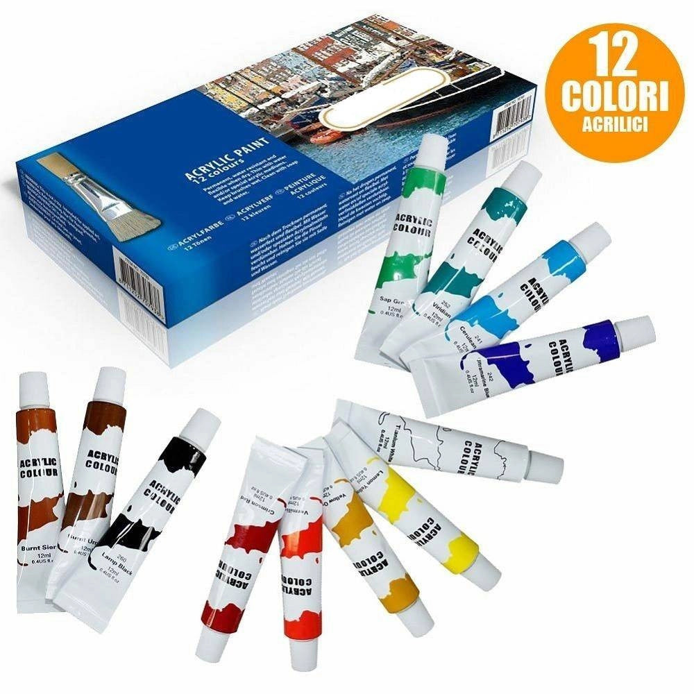 Trade Shop - Pittura Acrilica Confezione 12 Pezzi Acquerelli Vari Colori Tubo 12 Ml -