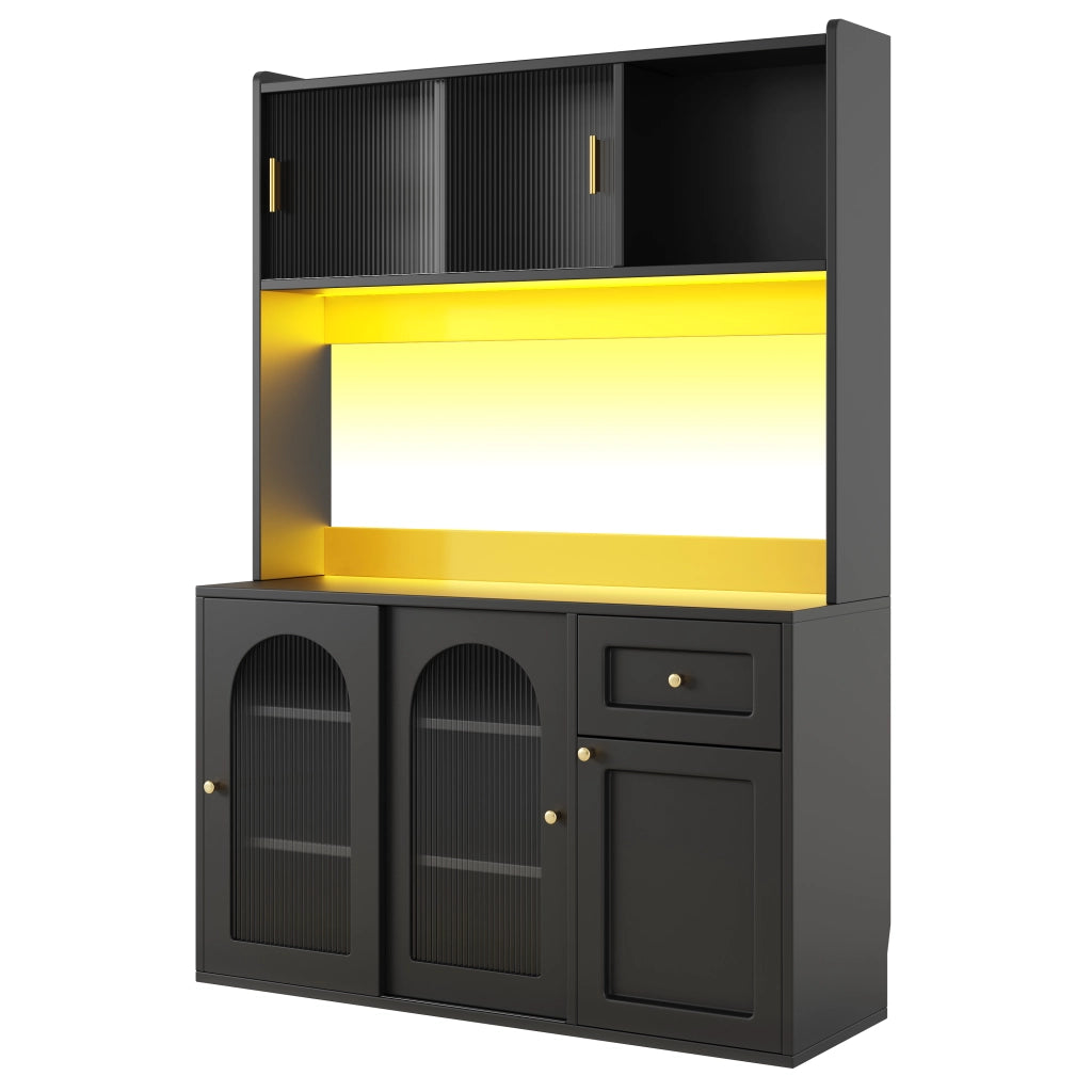 Dispensa alta con ripiani regolabili e LED, mobile multiuso in MDF e pannello truciolare nero 120 × 35 × 167 cm