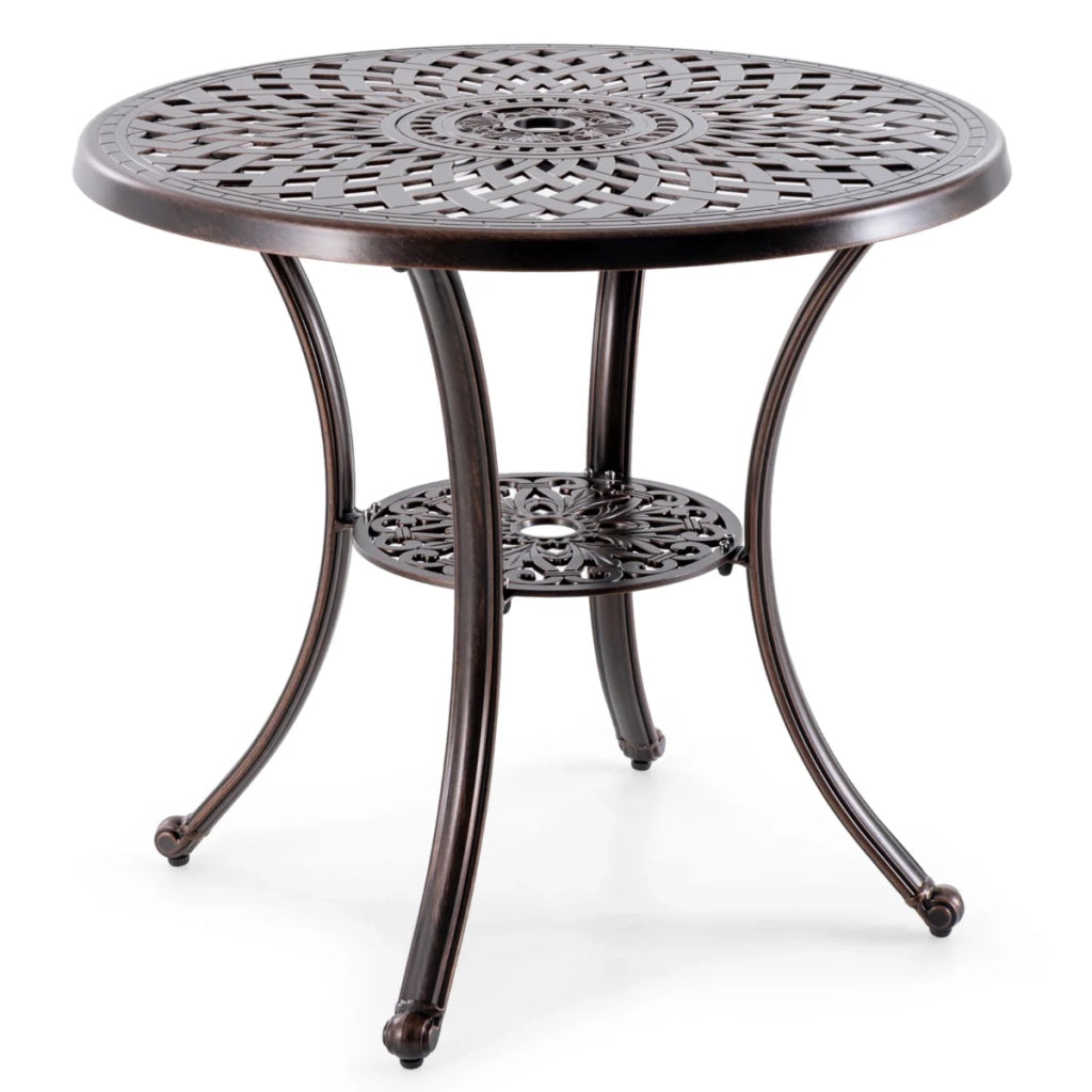 Tavolo da giardino rotondo 79 x 71 cm con foro per ombrellone e poggiapiedi regolabili stile elegante alluminio pressofuso rosso rame 20_0019486