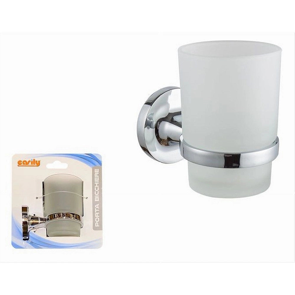 Trade Shop - Bicchiere Porta Spazzolino Da Muro In Acciaio Vetro Satinato Arredo Bagno 79804 -