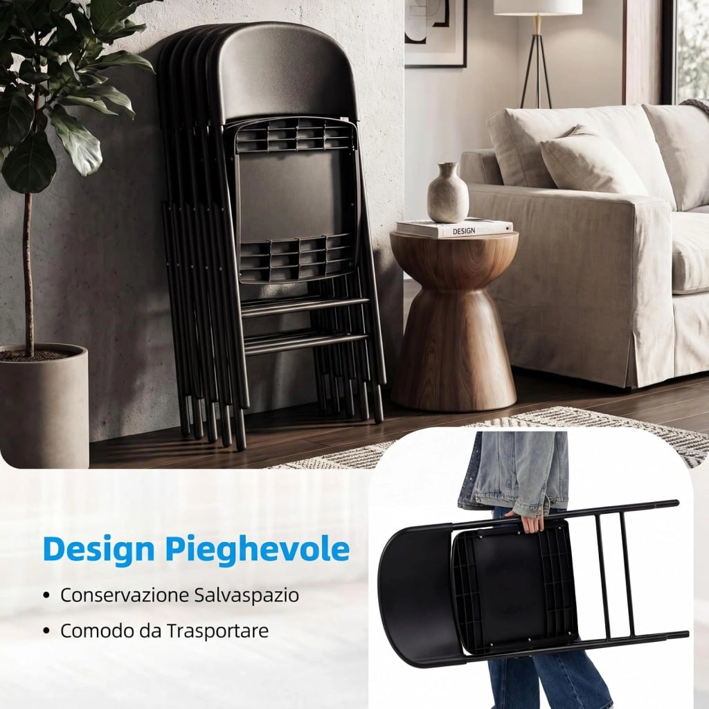 Set da 6 Sedie Pieghevoli in Plastica, Sedie Pieghevoli con Schienale e Struttura in Metallo, Sedie da Pranzo Portatili per Matrimonio e Festa, Portata 150 kg (Nero)