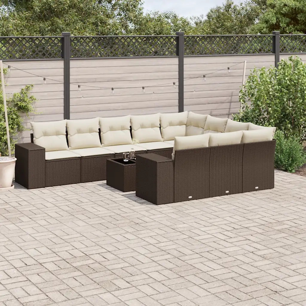 Set Divani da Giardino 11 pz con Cuscini Polyrattan Marrone