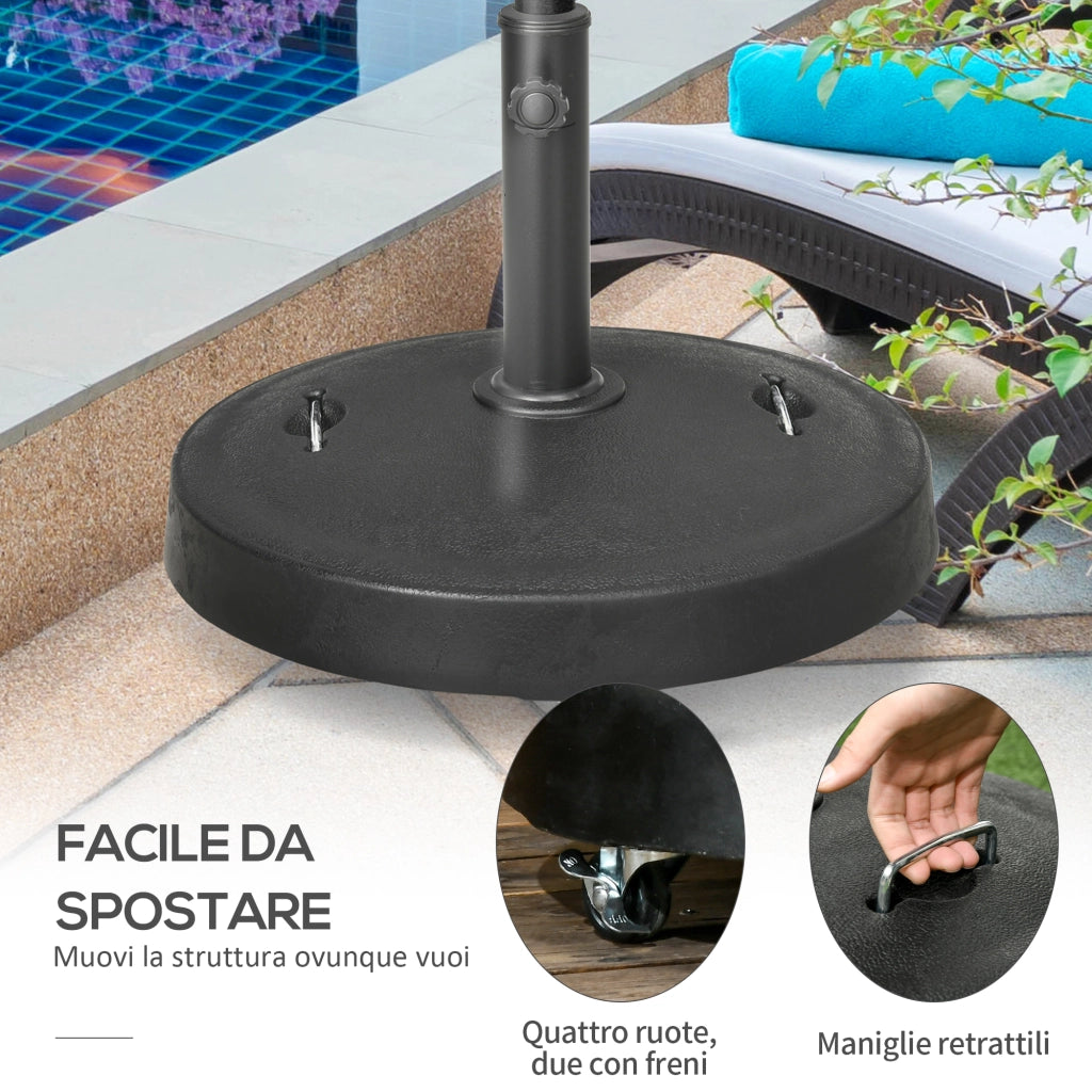 Base per Ombrellone da 23.5kg con 2 Manovelle e Rotelle, in Resina e Acciaio, ?53x41 cm, Nera