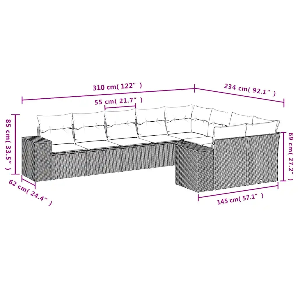 Set Divani da Giardino 9 pz con Cuscini Grigio in Polyrattan 3223040