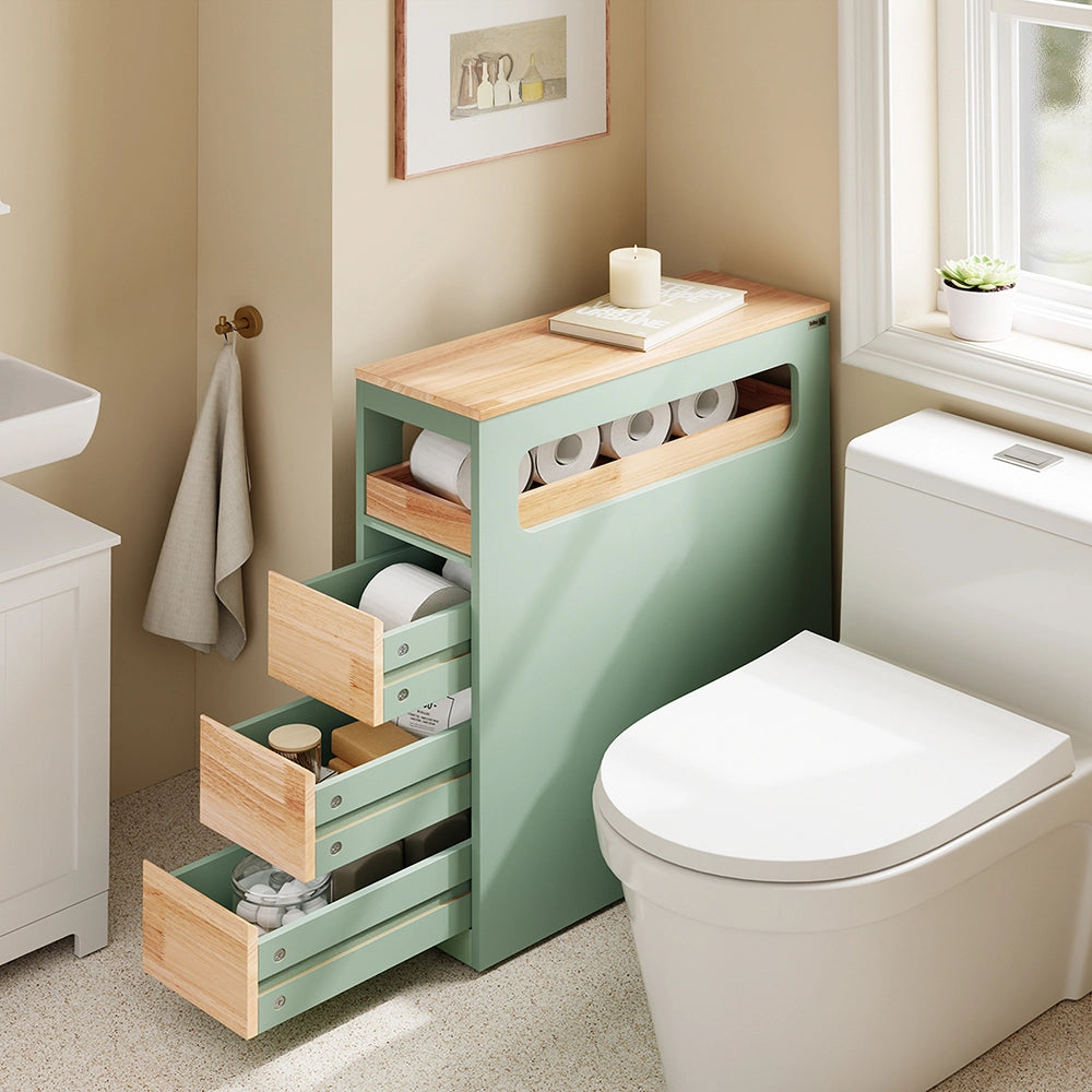 SoBuy | Mobiletto bagno salvaspazio verde con 4 ruote | Mobile bagno con 3 cassetti | Cassettiera per bagno | 23.3x65.3x82.0 cm | Capacità di carico 40 kg | BZR54-II-GR