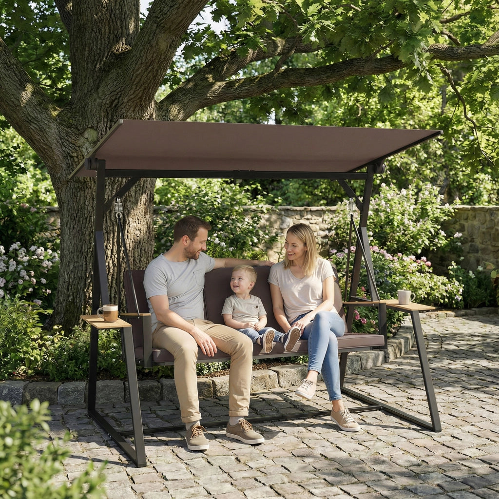 Dondolo da Giardino 3 Posti con Tettuccio Regolabile ¨C zephmum ¨C Marrone, Metallo, 222x131x175 cm