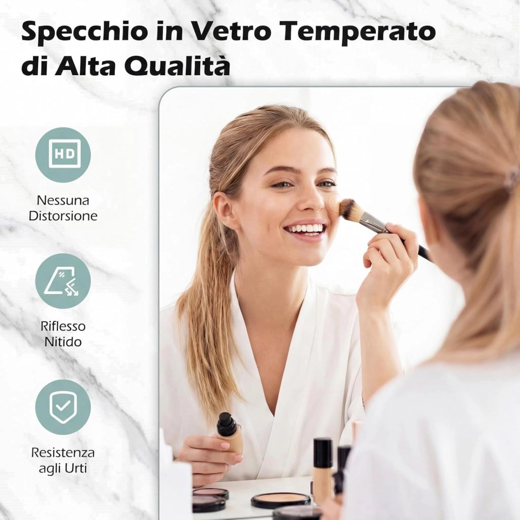 Specchio da Bagno Rettangolare con LED, Specchio da Parete con Luminosità Regolabile, Retroilluminato, Touch Intelligente, Vetro Temperato con Memoria e Anti-Appannamento (80 x 60 x 3 cm)