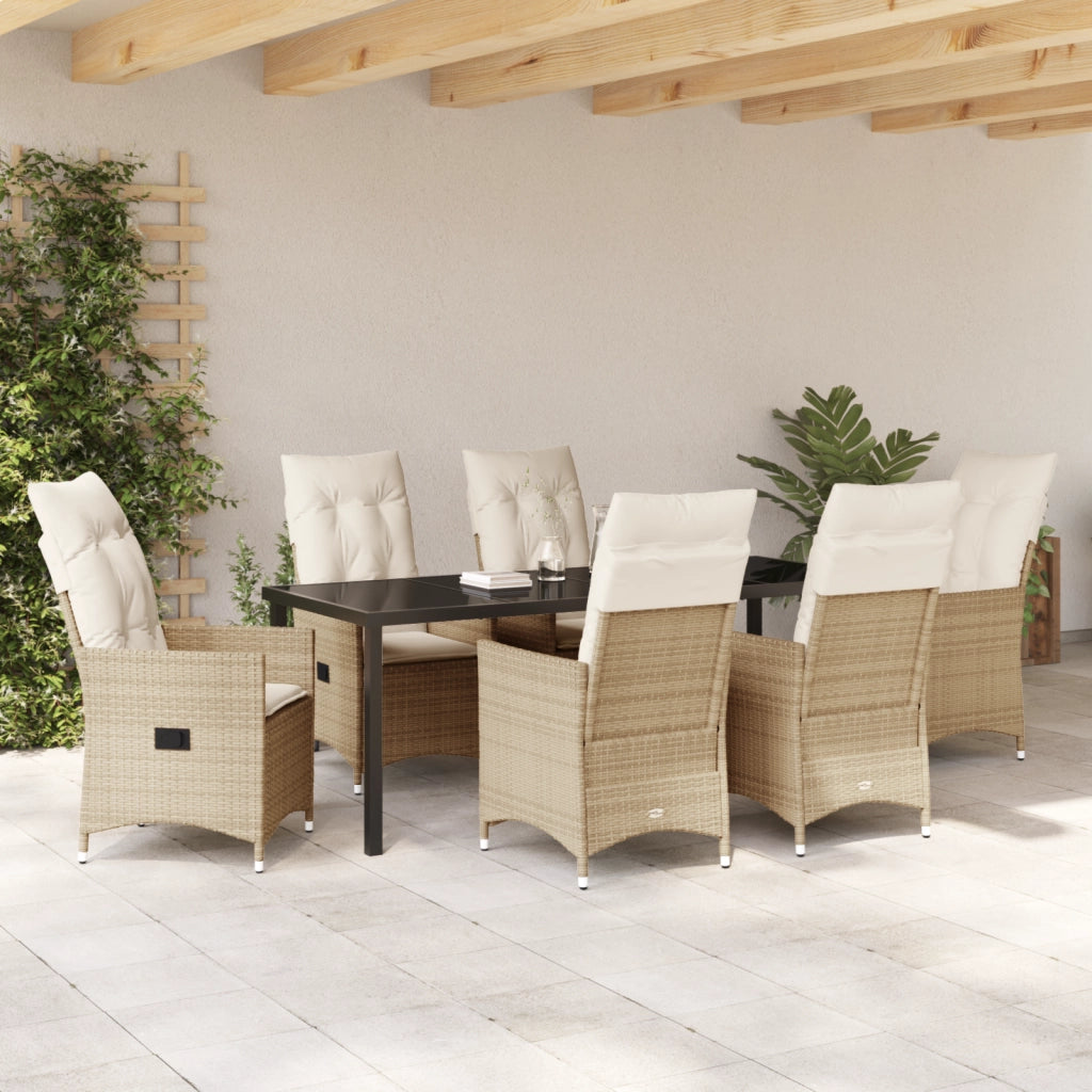 Set da Pranzo da Giardino in 7 Pezzi con Cuscini Beige Rattan in Poly