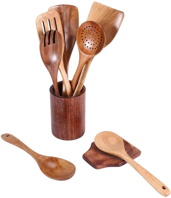 Set di 9 cucchiai in legno, utensili da cucina in legno con supporto per accessori da cucina, set da cucina in teak