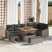 Set Divano da Giardino 9 Pezzi con Cuscini Grigio Polyrattan Acacia